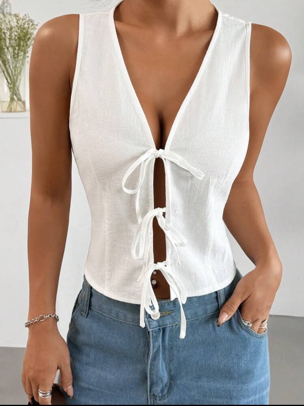 White Tie-Front Sleeveless V-Neck Top